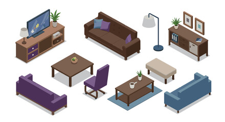 Isometric living room furniture set with sofas, tables, and decor elements