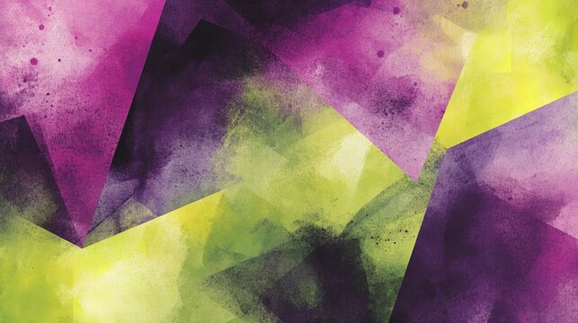 Abstract watercolor painting with purple and green triangles creating a dynamic and modern composition