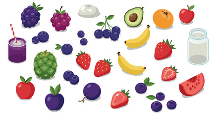 Colorful array of fresh fruits and berries with drink