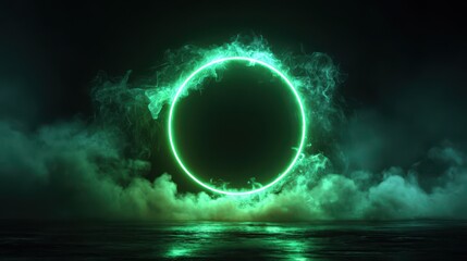 Abstract neon circle with smoke on dark background