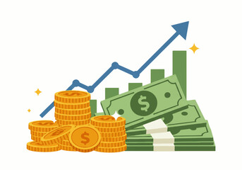 Naklejka premium Illustration depicting financial growth with stacks of coins, dollar bills, and an upward trending graph.