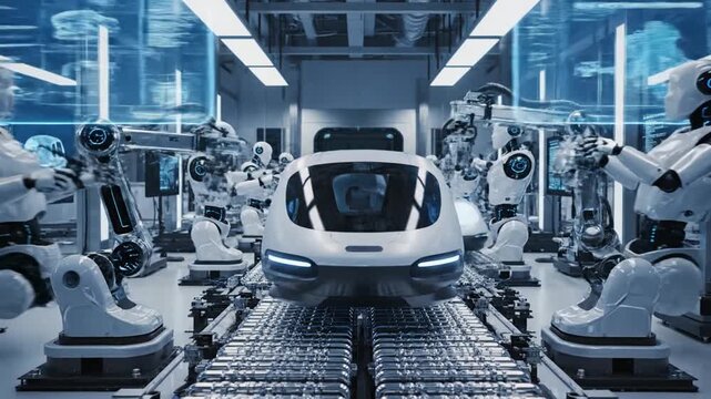 98_Humanoid Robots Operate on a High-Tech Assembly Line in a Factory Constructing Compact Autonomous Delivery Units AI-driven Factory with Next Generation Robotics and Manufacturing_4K_10s 95178752 1