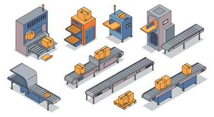 Factory conveyor system with industrial package machines in isometric style