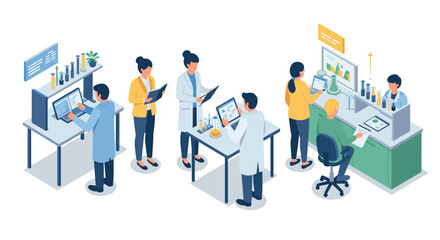 Obraz premium Isometric office scene with diverse professionals collaborating in modern workspace