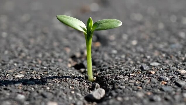 Green sprout breaking through asphalt as symbol of resilience and hope