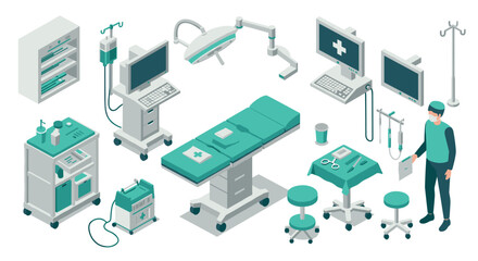Isometric operating room setup with medical equipment and healthcare professional