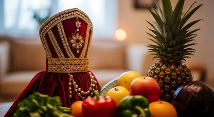 Festive Still Life with Mitre and Assorted Fruits.