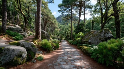 A sun dappled stone pathway winds through a lush pine forest with moss covered boulders and dense green foliage under a bright sky