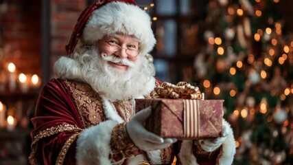 Santa Claus holding a beautifully wrapped gift in a cozy holiday setting with twinkling lights - Powered by Adobe