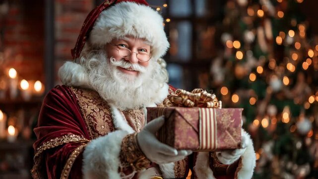 Santa Claus holding a beautifully wrapped gift in a cozy holiday setting with twinkling lights