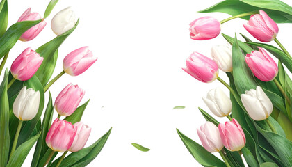 Obraz premium Bright pink tulip bouquet with fresh green leaves isolated on white background