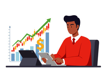 A man in red analyzes a stock market chart with upward trend, using a tablet and digital device.