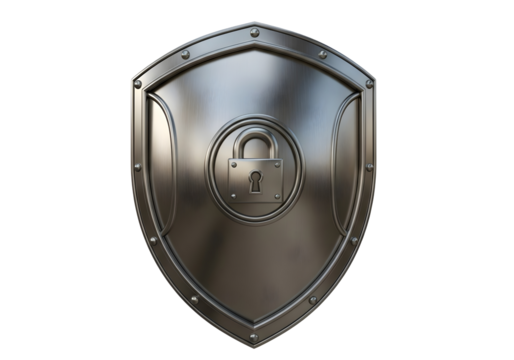 Medieval metal shield with lock emblem isolated on transparent background