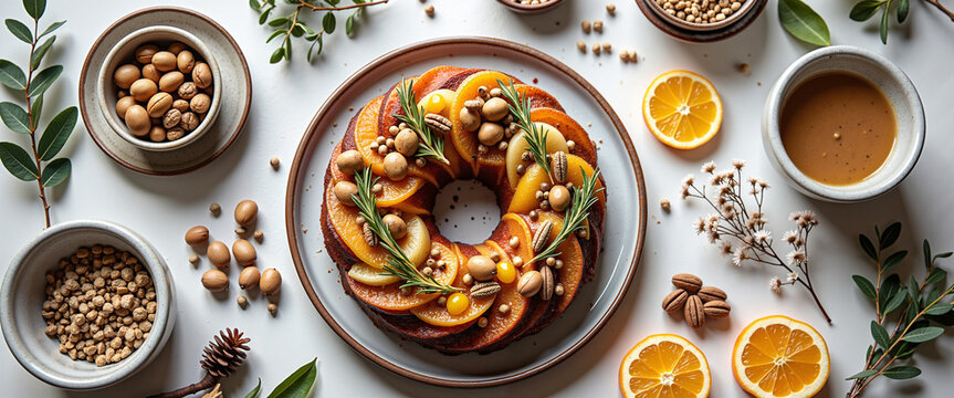 Flat lay of Roscon de Reyes cake with festive decorations and fruits  