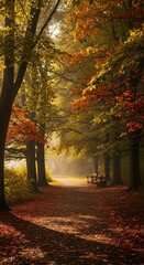 Naklejka premium Autumnal pathway through forest with sunlight and fallen leaves