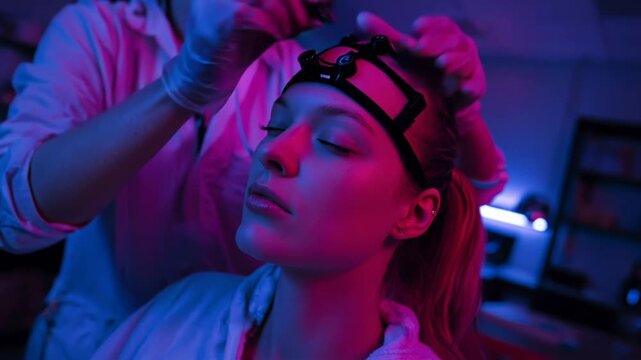 Wireless EEG headband being fitted on subject in neon lit lab for brainwave analysis and monitoring session

