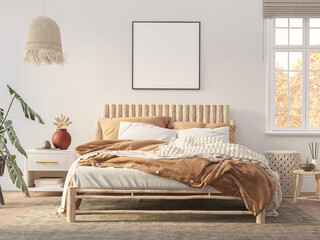 Modern boho bedroom interior with empty frame mockup for artwork or branding.