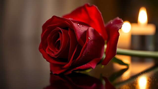 Single red rose with dewdrops on a sleek black surface, symbolizing minimalist romance.