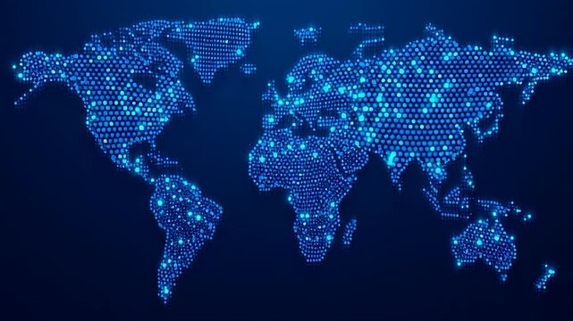 Breaking News Banner, digital world map with glowing blue dots.