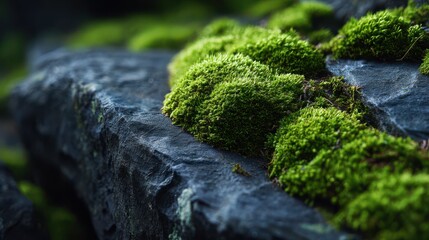 Green moss growing on rock in a forest area