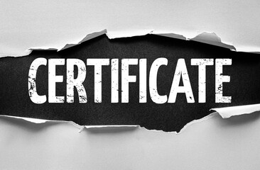 Torn paper design revealing the word CERTIFICATE in large, distressed letters against a textured...