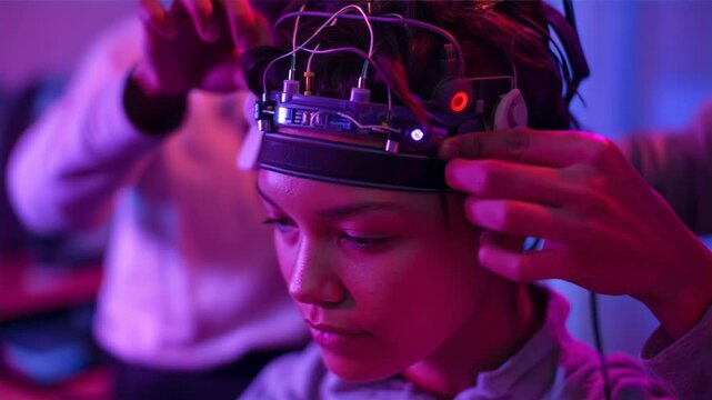 Wireless EEG headband placed on subject in neon lit lab for brainwave monitoring during research study

