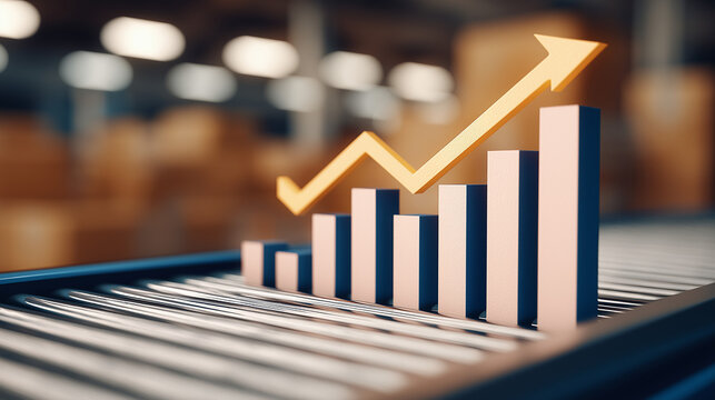 Warehouse Growth: A dynamic image showcasing a visual representation of business growth, featuring an upward-trending bar graph in a warehouse setting. The rising graph symbolizes expansion, progress. - Powered by Adobe