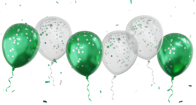 3d render of Celebration banner with green balloons floating and confetti - Powered by Adobe