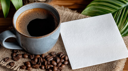 Morning Coffee and Blank Note: A close-up shot captures the inviting ambiance of a morning coffee setting, featuring a steaming cup, aromatic beans, and a blank note with space for your own message.