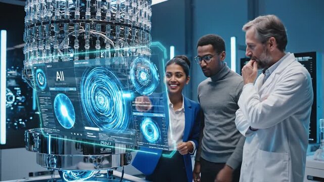 92_Engineers Collaborating on Quantum Computer Development Analyzing Data on Advanced AI Software in an Industrial Laboratory Diverse Team Focusing on Innovation and Technology Breakthrough 53346747 1