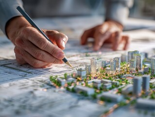 Fototapeta premium Economic growth infrastructure strategy. Hands sketching a city plan with a model layout and detailed buildings.