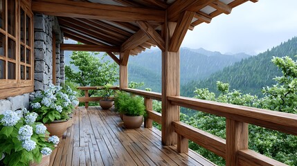 Misty Rainy View from a Wooden Balcony Overlooking Lush Mountain Landscape