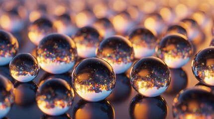 A close-up view of translucent marbles resting on a shiny surface, with light reflecting off their smooth, glossy surfaces.
