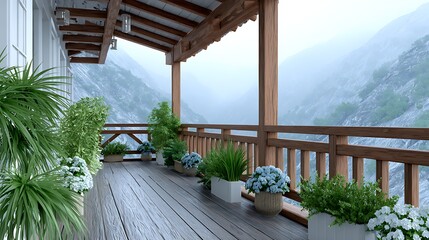 Obraz premium Misty Mountain View from Wooden Balcony with Lush Greenery and Flowers