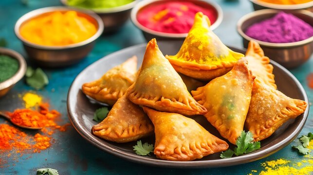 Sweet gajica and samosa with vibrant holy colors baked