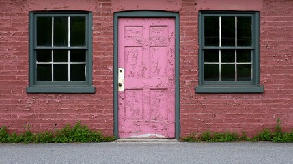 Charming pink door with weathered paint and green foliage in a quaint brick wall setting