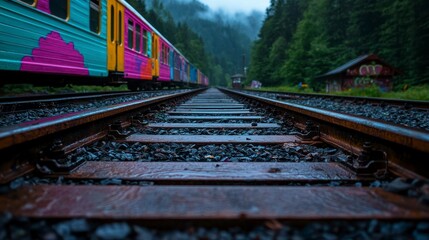 Fototapeta premium Vibrant train landscape with colorful cars nestled among lush green forests and rain-soaked tracks