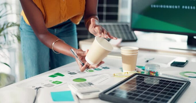 Cup, hands and solar panel with business person in office for energy development brand or ideas. Design, documents and recycle with employee in workplace for photovoltaic logo planning or research