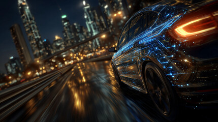 Night Ride Through Cityscape: A sleek vehicle speeds through a vibrant city, its dynamic movement captured against a backdrop of glowing buildings, embodying speed, technology, and urban dynamism.
