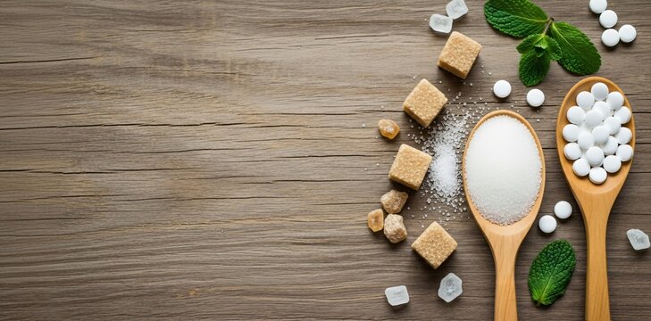 Natural sugar and artificial sweeteners in wooden spoons on wooden background, banner template for healthy diet diabetes management or nutrition awareness with copyspace.