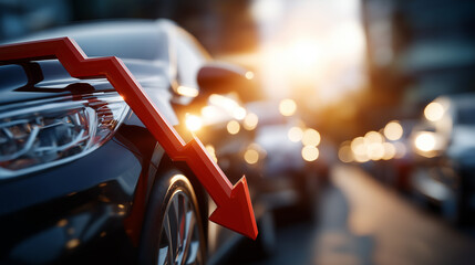 Market Downturn: A symbolic depiction of economic recession or market downturn, the scene features a red arrow pointing downwards over a traffic jam.