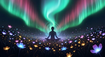 Serene Meditation Under Aurora Borealis and Glowing Flowers
