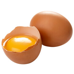 Fresh brown egg with a broken shell showing the vibrant yellow yolk and another intact egg