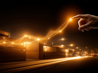 Data-Driven Growth: An illuminated graph, elegantly traced by a fingertip, charts the dynamic expansion of global trade and logistics. The scene is set with an eye on business analysis.