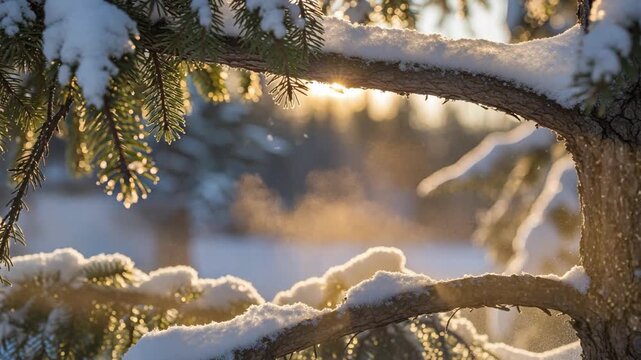 Snow Sparkles Catching Sunlight Through Winter Trees in Tranquil Forest Scenery