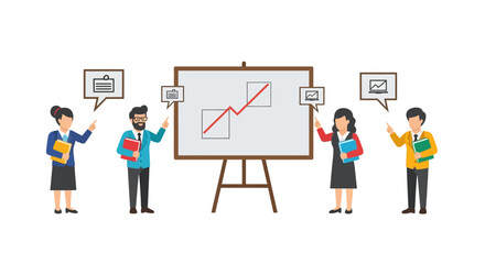 Four business people present a rising graph on a whiteboard, with icons above them, indicating data and analytics.