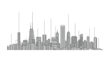 Obraz premium Urban Silhouette: An elegant, minimalist line drawing presents a city skyline. The graphic captures the essence of an urban landscape, showcasing tall buildings and architectural designs. 