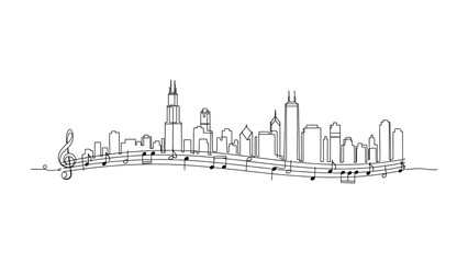 Obraz premium City Symphony: A graphic cityscape elegantly merges with musical notes, the buildings are rising and falling like the notes of the melody, creating a harmonious and artistic representation.