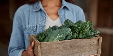 Woman is holding a wooden crate full of green vegetables