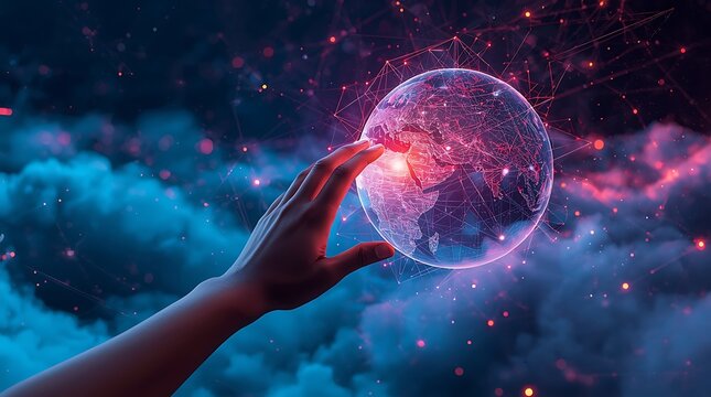 Hand holding a glowing globe with network connections against a cloudy, cosmic background.